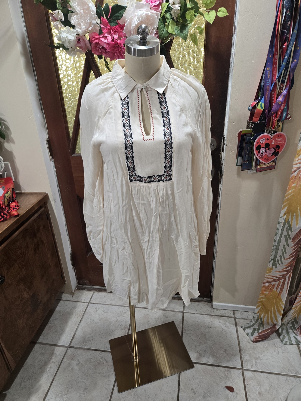 entro Cream Embroidered Mini Dress with Black Accent